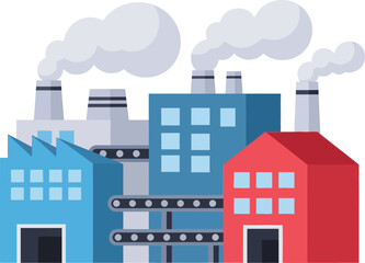 Naklejka premium Cartoon Factory Illustration with Smoke Stacks and Conveyor Belt.