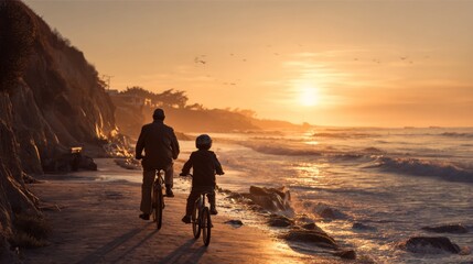 Fototapeta premium Grandfather and Grandson Enjoying a Scenic Bicycle Ride Together Along the Beach at Sunrise