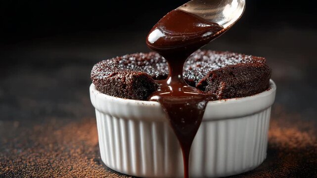 Pouring chocolate sauce on chocolate lava cake