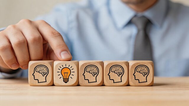 Hand turning wooden block with light bulb icon among brain icons, representing innovation, new idea, creative thinking, problem solving, strategy development, mental process,