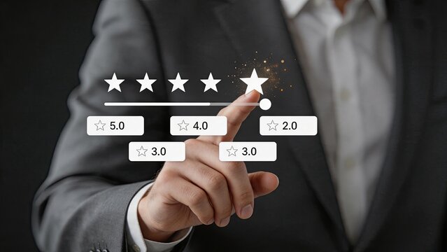 Man hand selecting five star rating on virtual interface, customer satisfaction, positive feedback, excellent service quality, top review, user experience, performance evaluation,