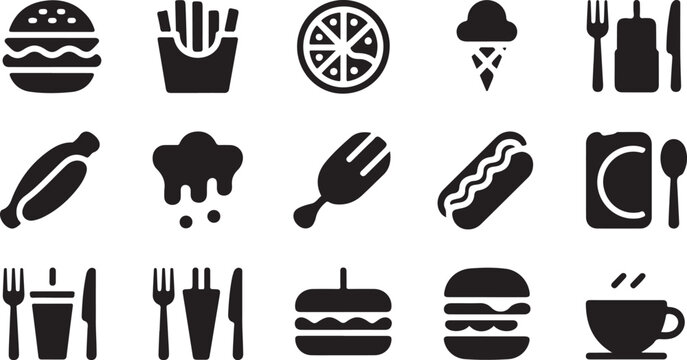 Diverse food service icons including cutlery burger pizza fries hotdog and condiment bottle.