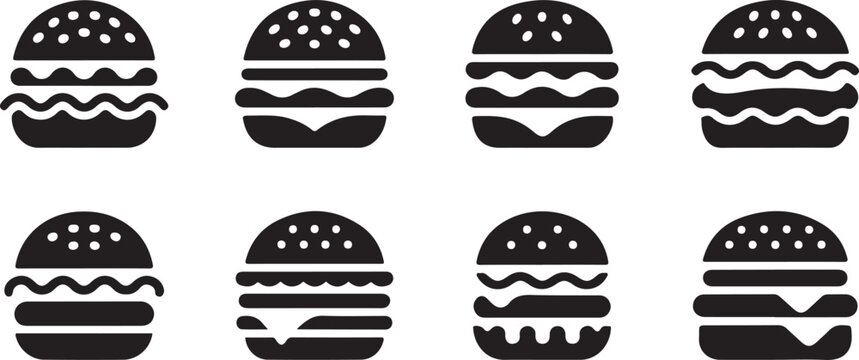 Minimalist hamburger icon collection featuring diverse patty layers and sesame bun designs.
