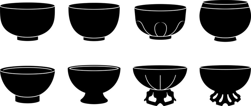 Set of eight stylized teacup silhouettes with unique bases on white background