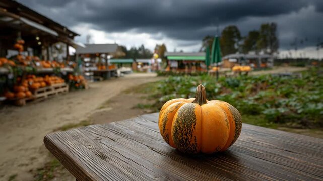 Single pumpkin on a wooden table in a pumpkin patch
