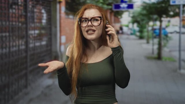 Redhead woman talking on phone with palm up gesture on street wearing green off shoulder top and large glasses; frustration.