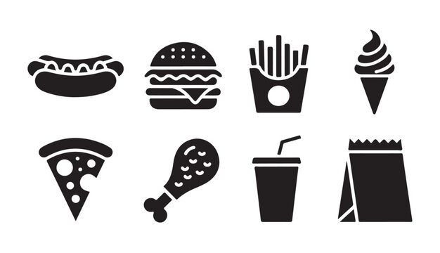 Fast food icon set including hot dog, burger, fries, ice cream, pizza, chicken, drink, bag.
