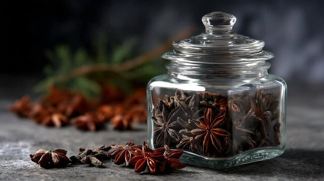 Star anise spices in a glass jar