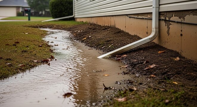 White metal downspout directs heavy rainwater away from the foundation of a residential house during a severe storm event causing significant flooding and water pooling in the yard area outside.