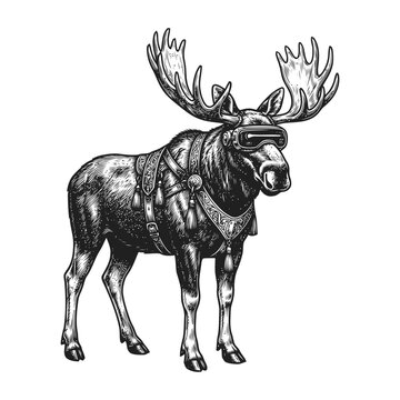 Moose wearing a harness stands proudly in a natural landscape setting.