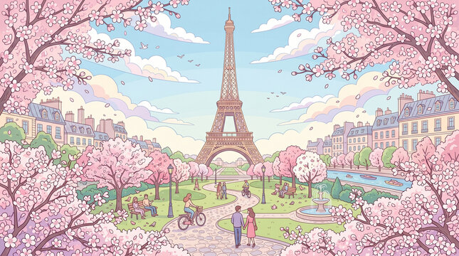 Eiffel Tower in Paris with Spring Cherry Blossoms Vector Illustration