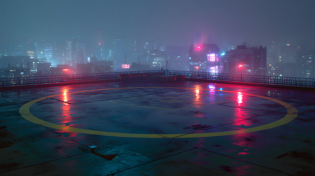 Empty Rooftop Helipad During Heavy Rain at Night