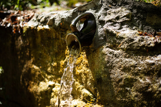 A waterfall in the forest flows from a jug.