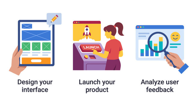 An illustrated guide to the product launch process showcases designing, launching, and analyzing products, emphasizing the importance of user interface and user feedback.