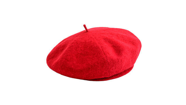 A classic traditional red wool felt basque beret hat french style fashion headwear accessory isolated on transparent background cut out
