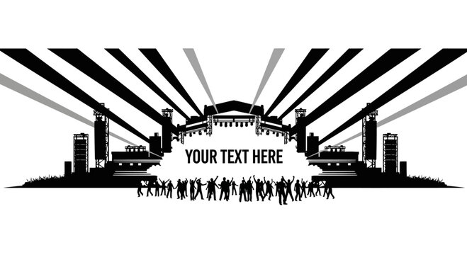 Black and white silhouette of a music festival stage with crowd and spotlights.
