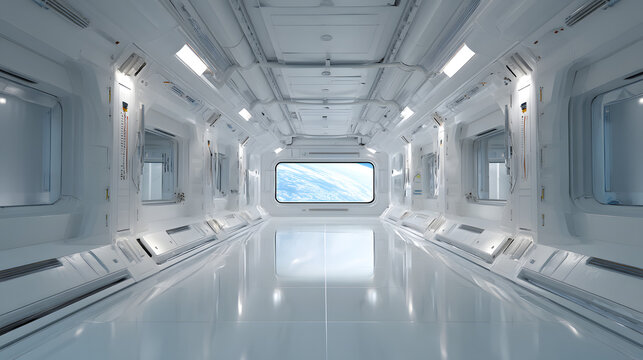 Empty Lunar Habitat Corridor with Earth View