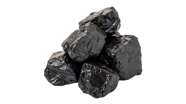 A pile heap of raw dark black natural coal mineral chunks fuel resource for energy industry isolated on transparent background cut out