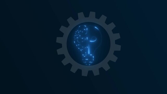 Conceptual animation of brain lightbulb inside a rotating gear cog.