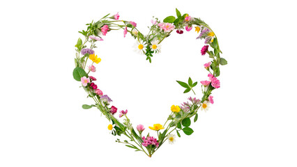 A beautiful romantic heart shaped wreath frame crafted from green vines and delicate blooming flowers isolated on transparent background cut out © AAAstock2025