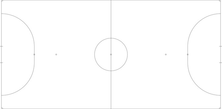 Futsal court outline top view with penalty areas, center circle, second penalty marks, and corner arcs