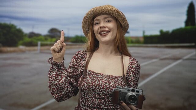 Young redhead woman smiles and points index finger upward while holding vintage camera by strap, wearing straw hat and floral dress on an empty street parking lot; adventure joy.