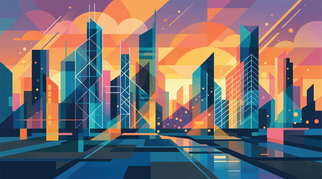 Futuristic Neon City Skyline with Glass Towers and Sunset Reflections Over a Waterfront.
