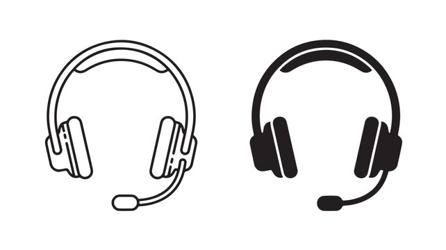 Headset Icons Line Art and Solid Black on White Background for Tech and Communication Concepts