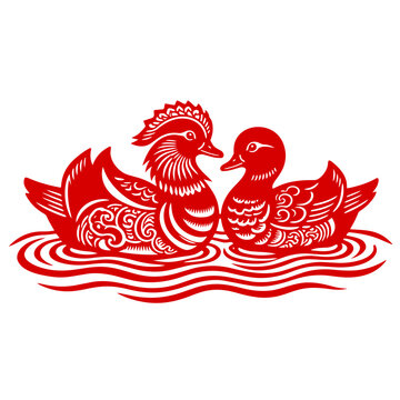 Red Papercut Mandarin Ducks