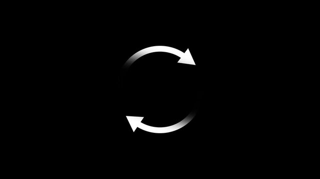 Circle arrow refresh and reload icon animation with loading progress. Animated loading refresh arrows spinning on black background.