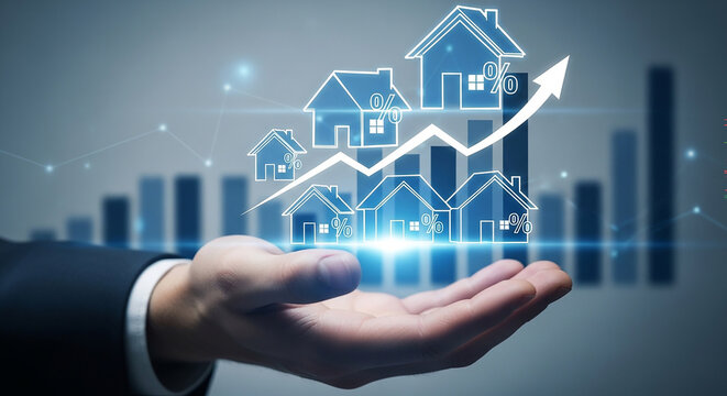 Real Estate Trends: A visionary hand cradles a growing graph and houses, symbolizing the burgeoning property market, illustrating investment growth and prosperity.