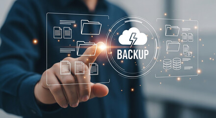 Fototapeta premium Data Security Backup: A hand interacting with an innovative interface, visualizing the digital backup process, ensuring data safety and accessibility.