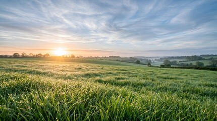 Fototapeta premium Lush green rolling hills at sunrise with morning dew on grass