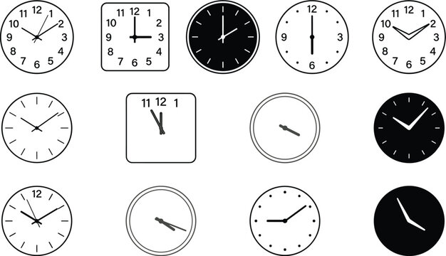 Collection of diverse analog clock icons and watch face illustrations featuring various circular square and minimalist designs for time management