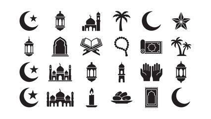 Islamic Faith Symbols Set Featuring Mosque Crescent Star and Prayer Rug © Anzuman