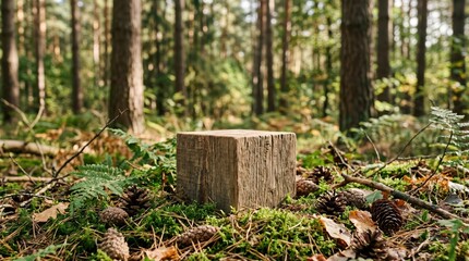 Fototapeta premium Wooden stump cube mossy forest floor with pinecones for nature background and woodland texture