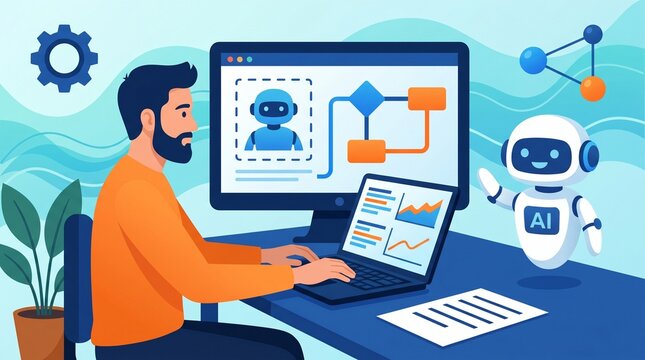 Man programming AI robot in tech office