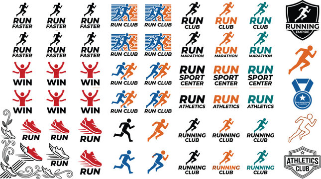 Set of professional running logos and fitness icons featuring marathon runners athletic clubs sneakers and championship medals for sports branding