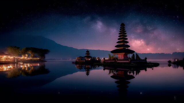 Space universe exploration, fantasy, mysterious. A nighttime landscape photograph depicts a serene temple situated on a calm lake. The temple, a multitiered structure with a pointed roof.
