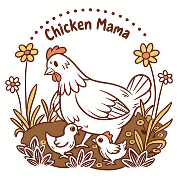 Cute chicken mama with baby chicks and flowers in garden cartoon illustration.