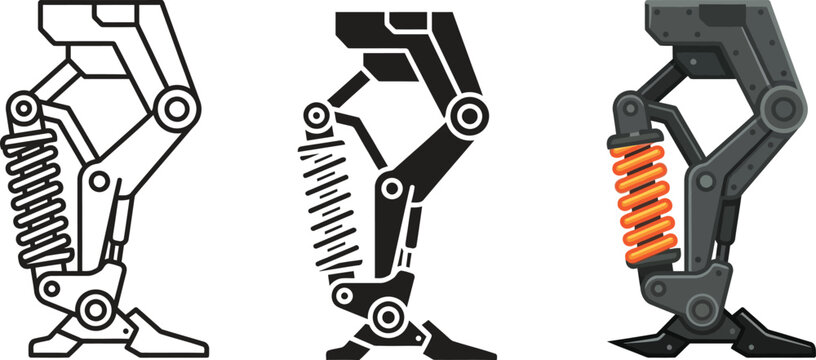 Set of robotic leg illustrations in various styles featuring detailed outline and solid designs with a shock absorber ideal for technology a