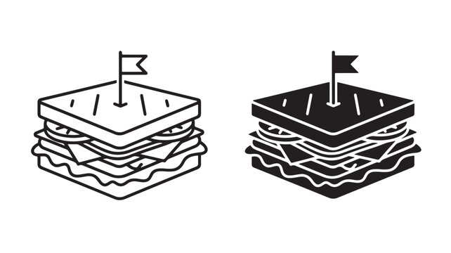 Black and white sandwich icons with flags on top for food and navigation concepts