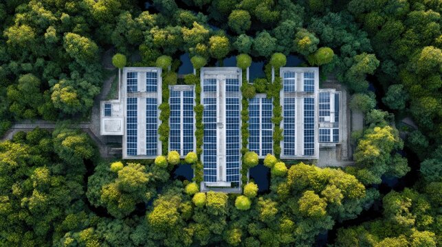 Solar panels on a building surrounded by trees