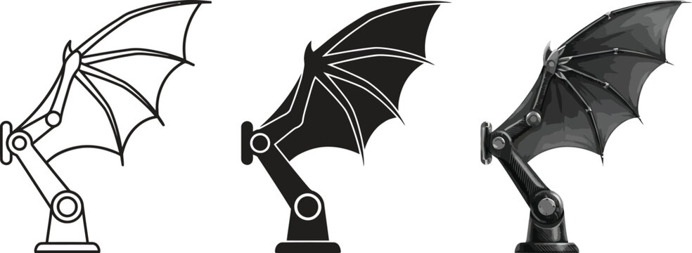 Futuristic mechanical bat wing vector illustration set featuring outline solid and detailed styles perfect for technology and fantasy design