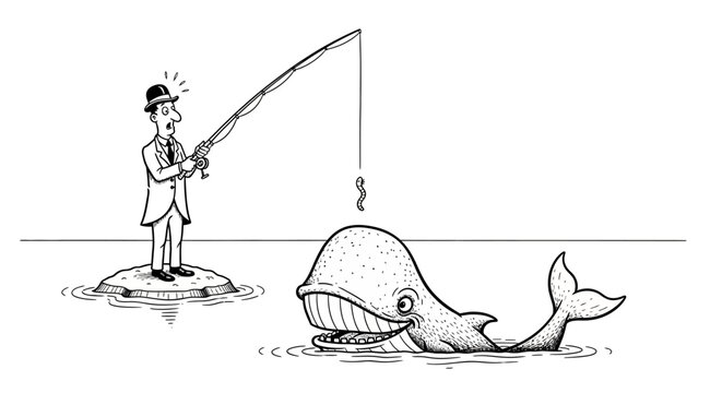Businessman fishing a whale in sea.