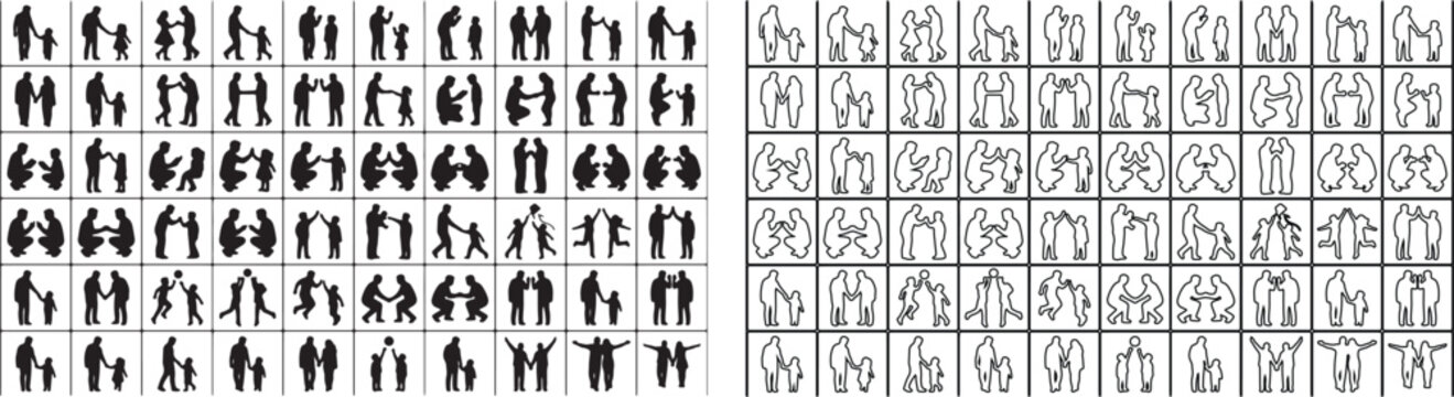 Minimalist family icons set, black silhouette and line art people symbols, collection of 100 vector human figures for infographics and UI design