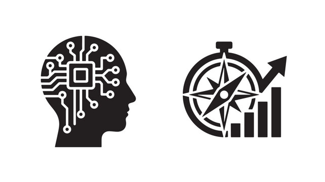 Black and white icons of human head with circuit board and compass with bar graph for business and technology concepts