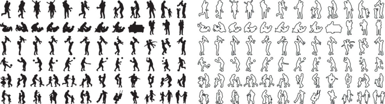 Black and white icons, people, and objects, 40 illustrations set, vector graphics
