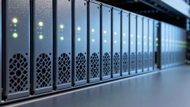 Rows of server racks in a data center