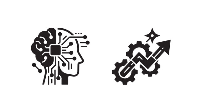 Black icons of a human head with circuit board and gear with arrow for technology and innovation concepts